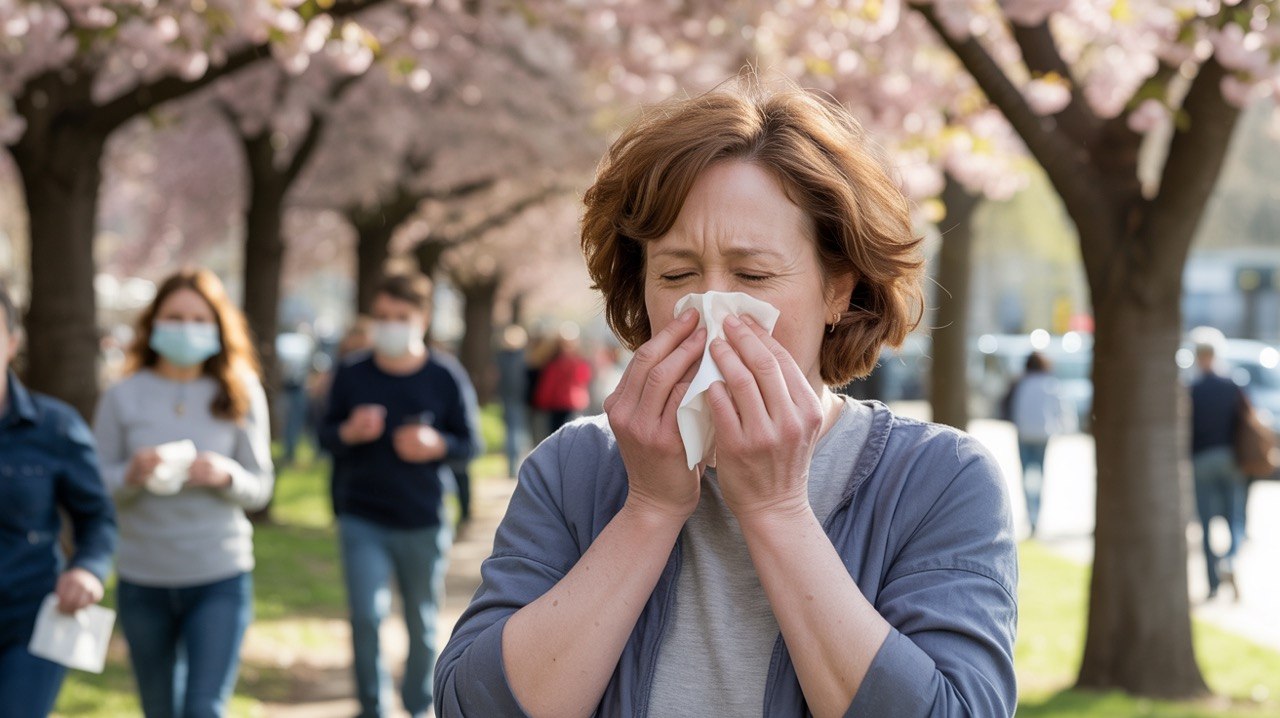 Osoba koja kašlje pokrivajući usta maramom, ilustracija respiratornih infekcija i gripa